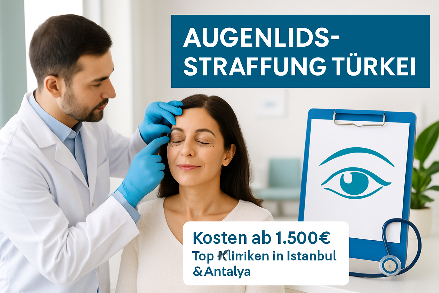 Frau mit geschlossenen Augen vor einer modernen Klinik in der Türkei - Augenlidstraffung